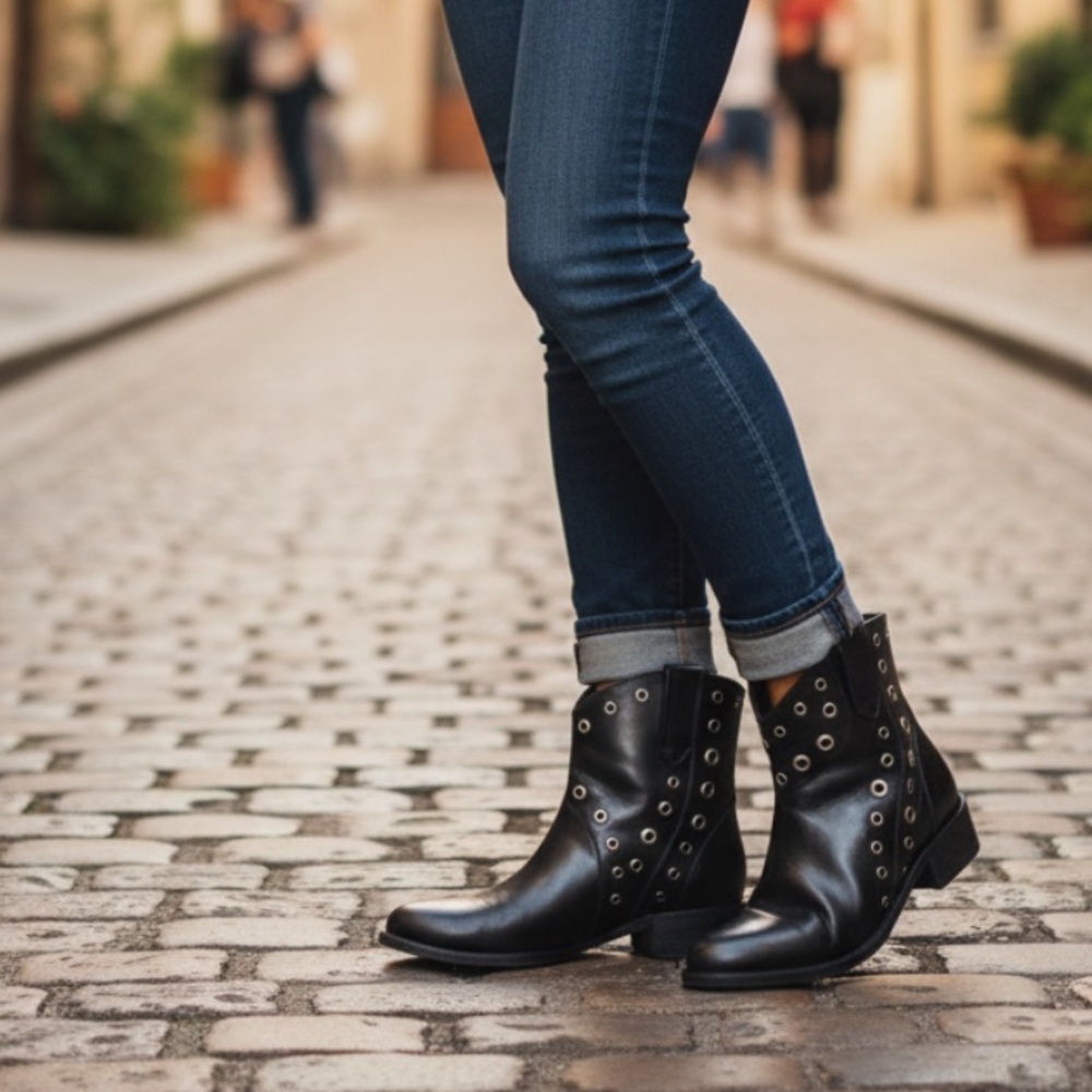 Frye Diana Grommet Black Leather Studded Short Moto Pull On Western Ankle Boots